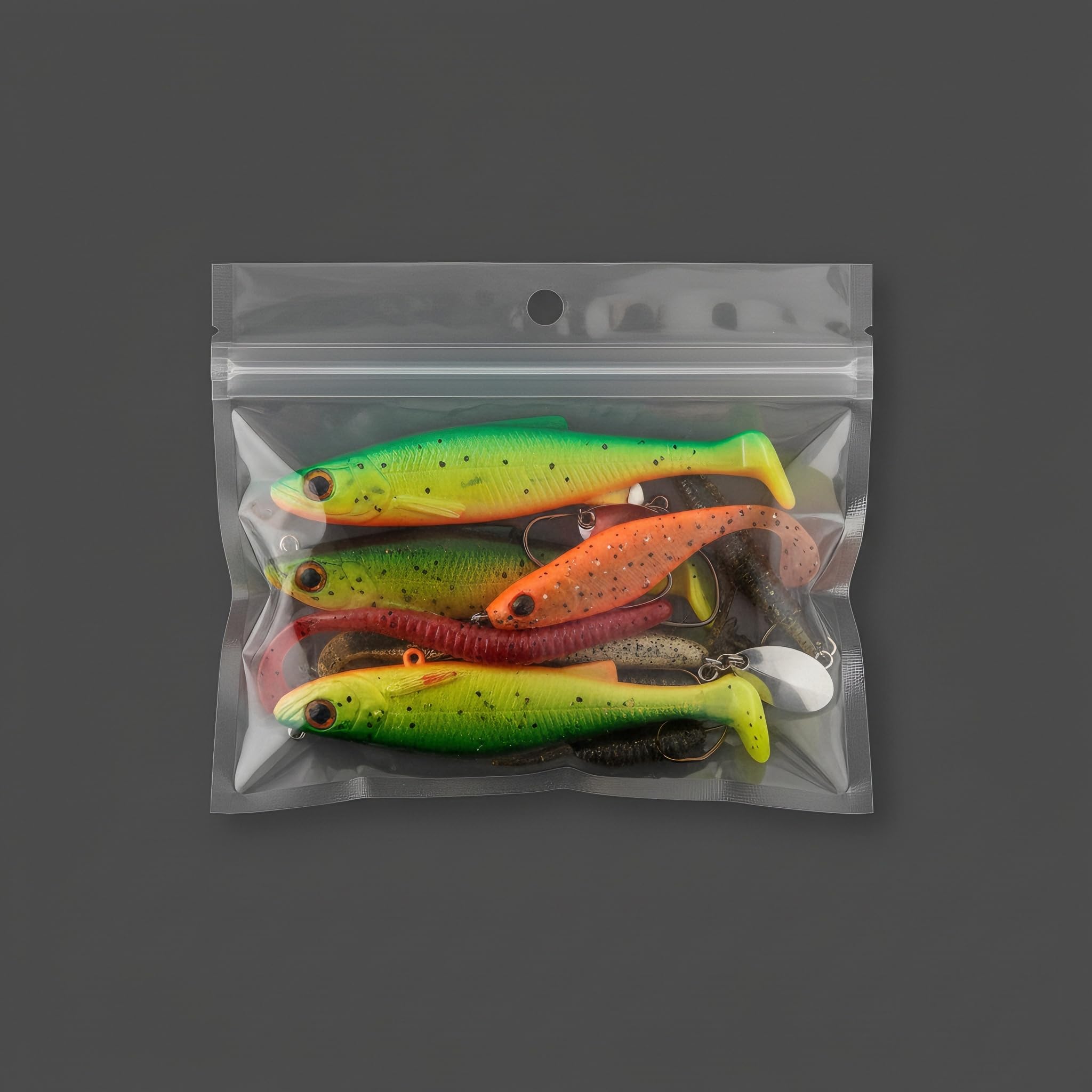 Generic bags arranged for crystal-clear visibility to see lures at a glance.