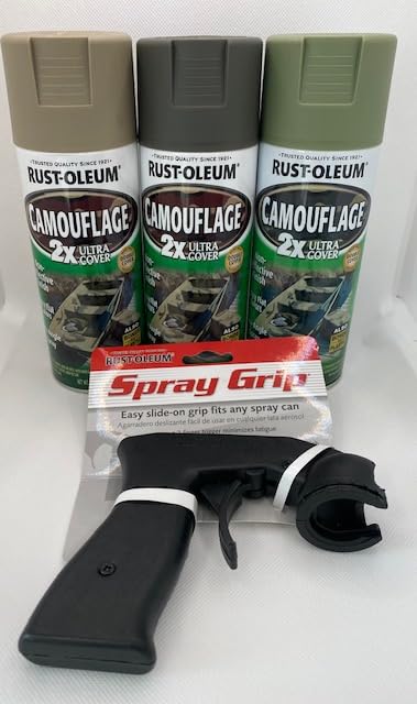 Generic camouflage 2X Ultra Cover spray paint set with spray grip for quick, even concealment on outdoor gear.