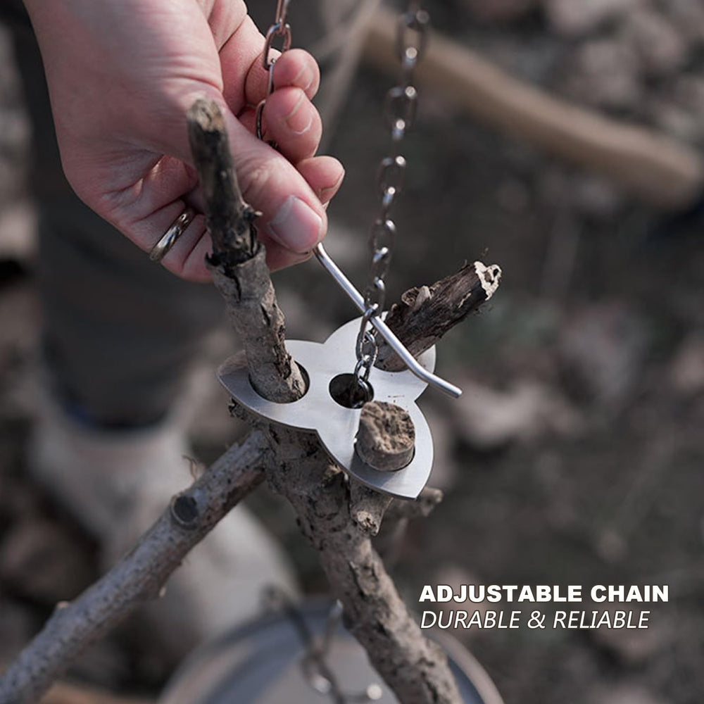 Generic campfire tripod setup with branches and adjustable height for cooking.