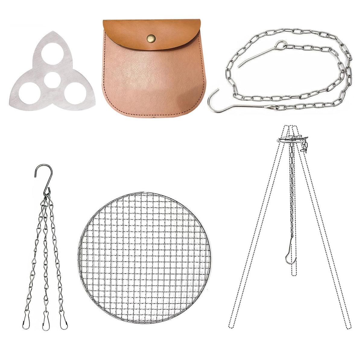 Generic camping tripod board set ready for branch-based campfire cooking.