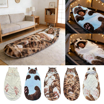 Generic cat-shaped plush sleeping bag home lounging setup shows couch comfort and versatility