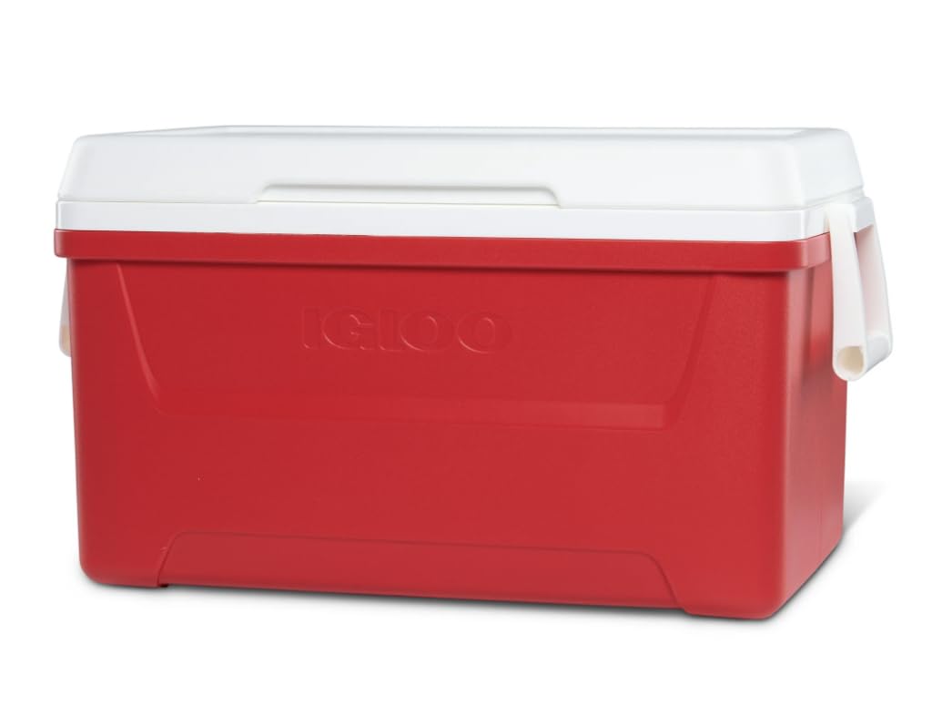 Generic ChillMaster 48QT Laguna Ice Chest in red, keeps drinks cold longer at picnics.