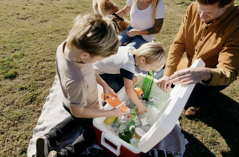 Generic ChillMaster Laguna Ice Chest in red complements outdoor setups while keeping beverages organized.