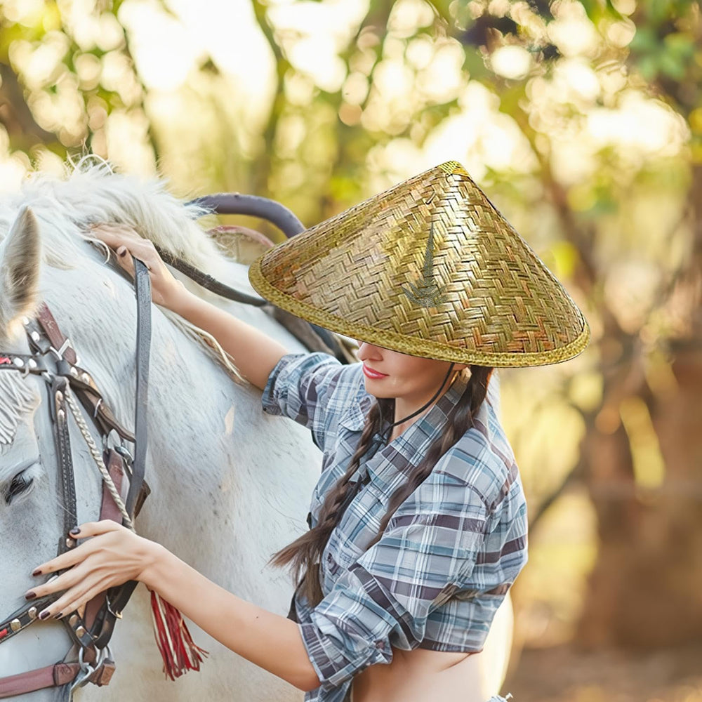 Generic straw hat with chin strap for secure fit during hiking or fishing.