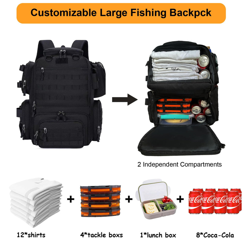 Generic backpack with fish patches for personalized gear customization.