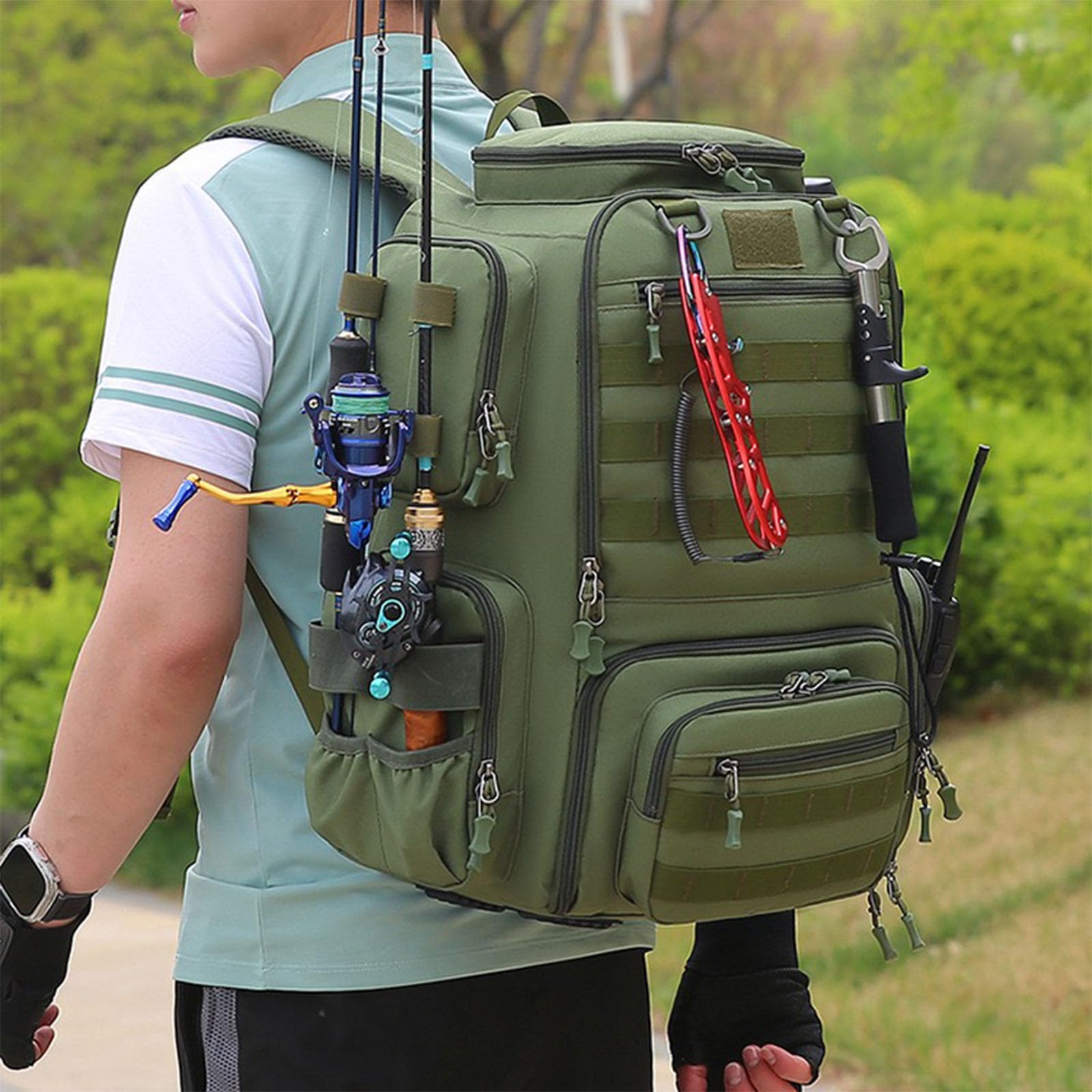 Generic fishing backpack showing movable dividers for customizable storage sections.