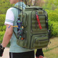 Generic fishing backpack showing movable dividers for customizable storage sections.