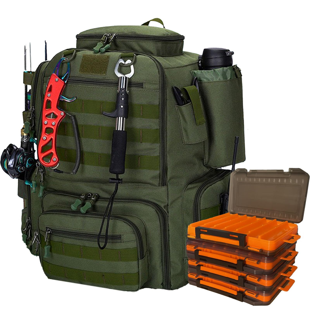 Generic fishing backpack with rod holders for rapid rod changes and gear transport.