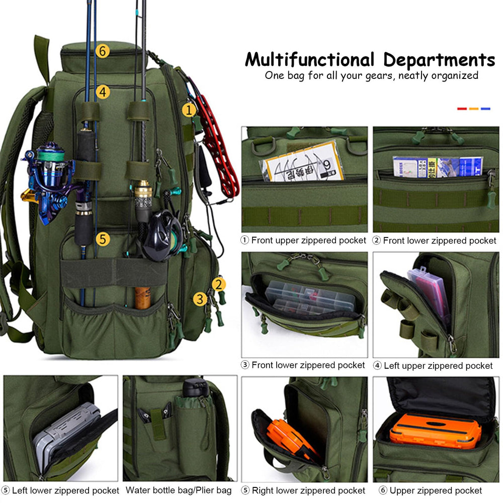 Generic fishing backpack includes four tackle boxes for organized tackle storage.