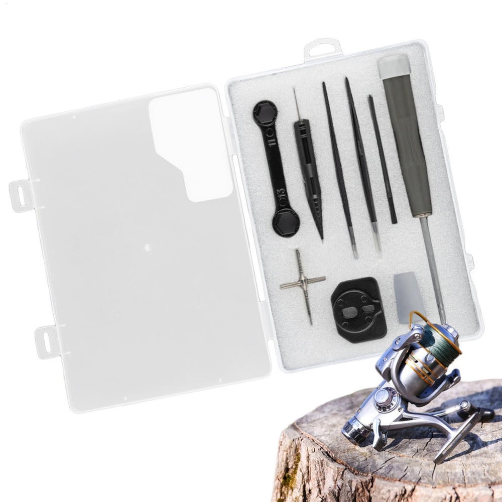 Generic Fishing Reel Maintenance Kit contents image shows included tools.