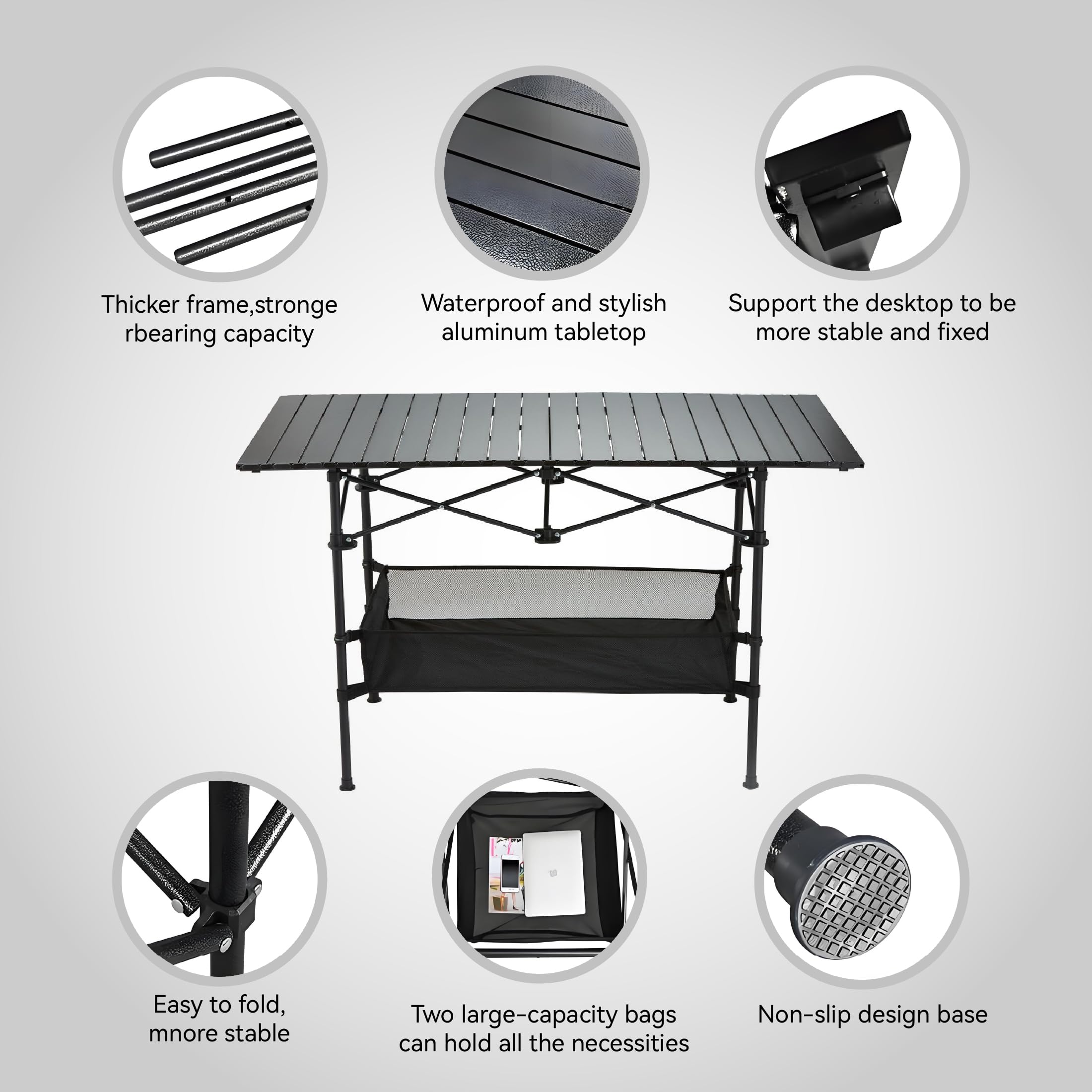 Generic table sets up in seconds at campsite.