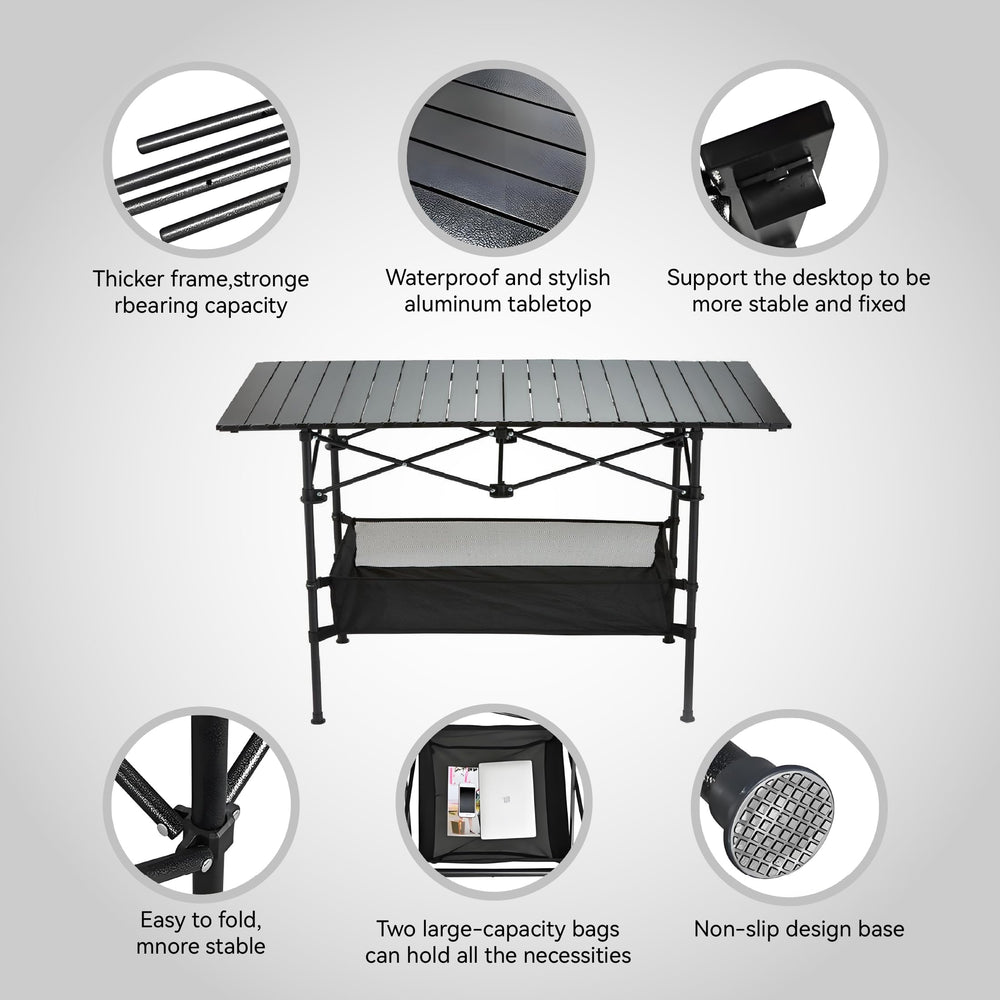 Generic table sets up in seconds at campsite.