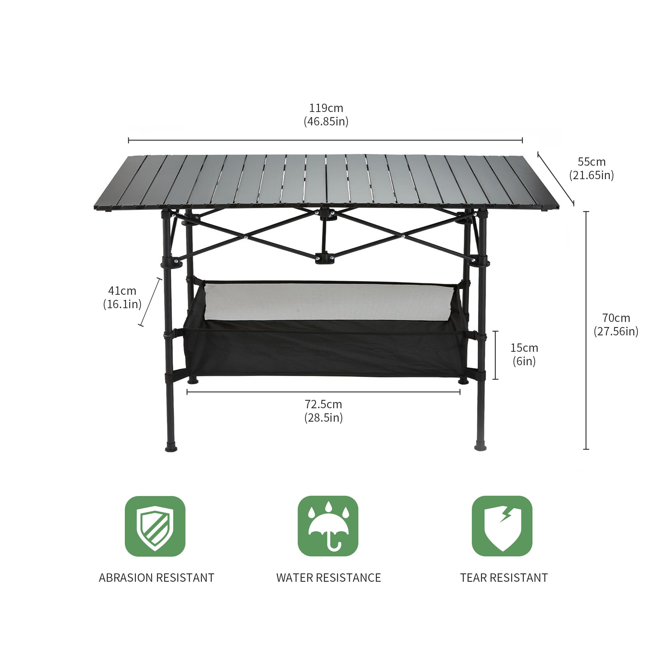 Generic table with reinforced steel legs for stable outdoor use.