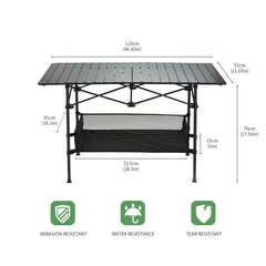 Generic table with reinforced steel legs for stable outdoor use.