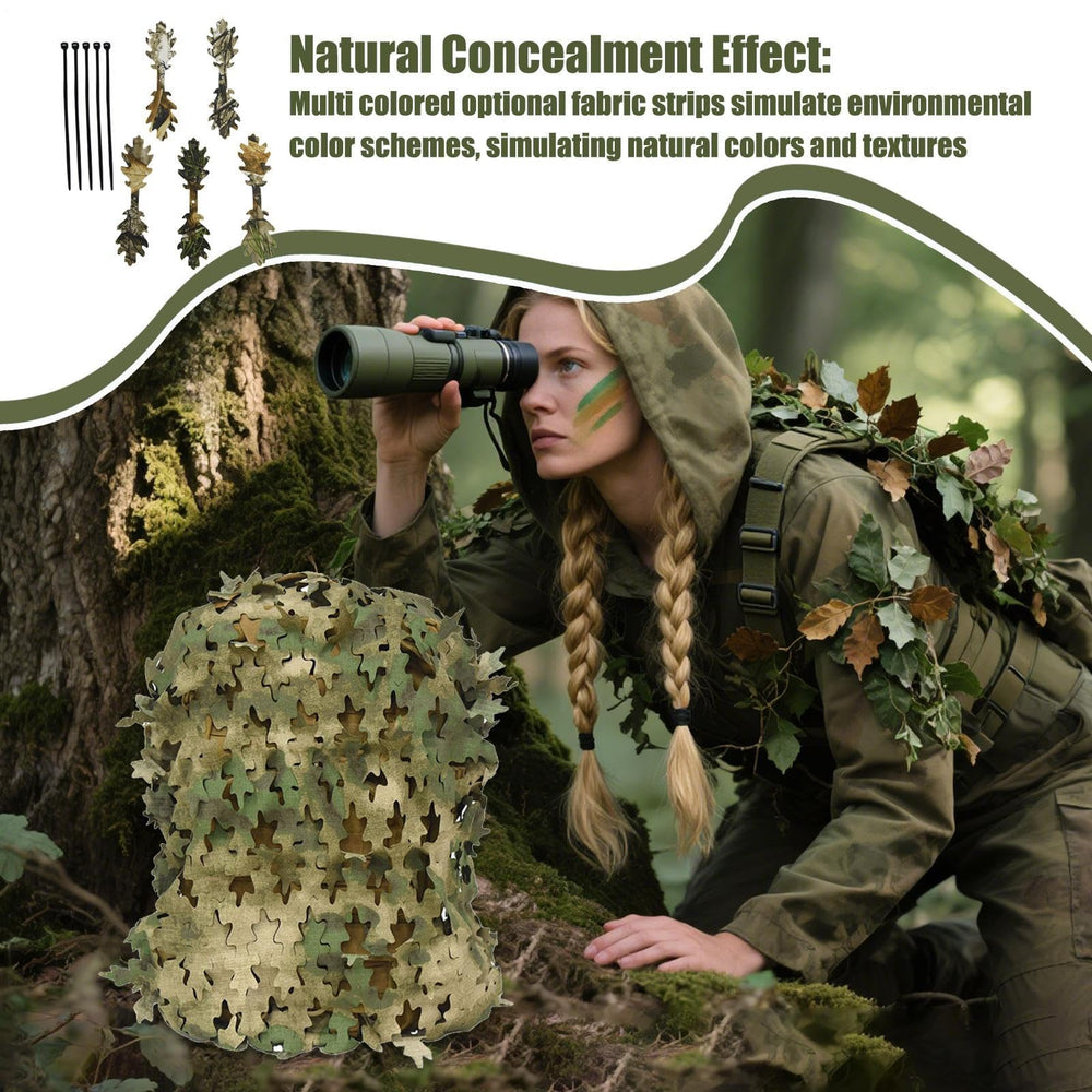 Generic Ghillie Leaf Scrim tear-resistant-material demonstrates rugged durability in rough terrain.