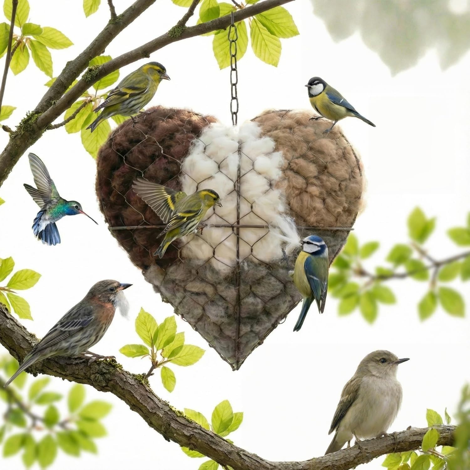 Generic heart shaped nesting holder with cotton fill for birds, year round garden appeal