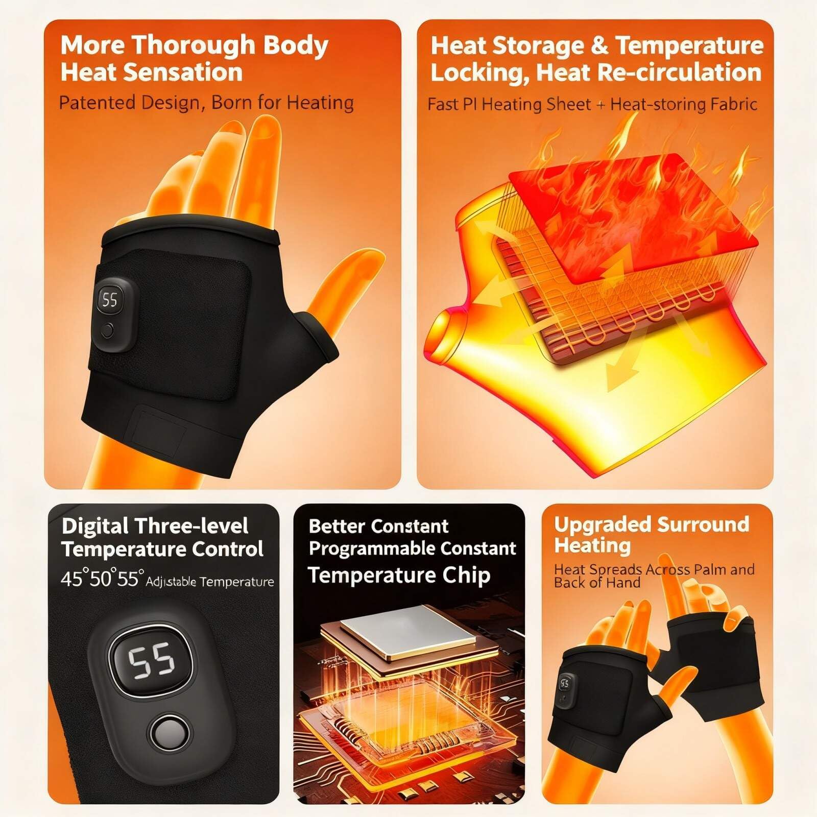 Generic heated gloves with fingerless design for easy typing and device use