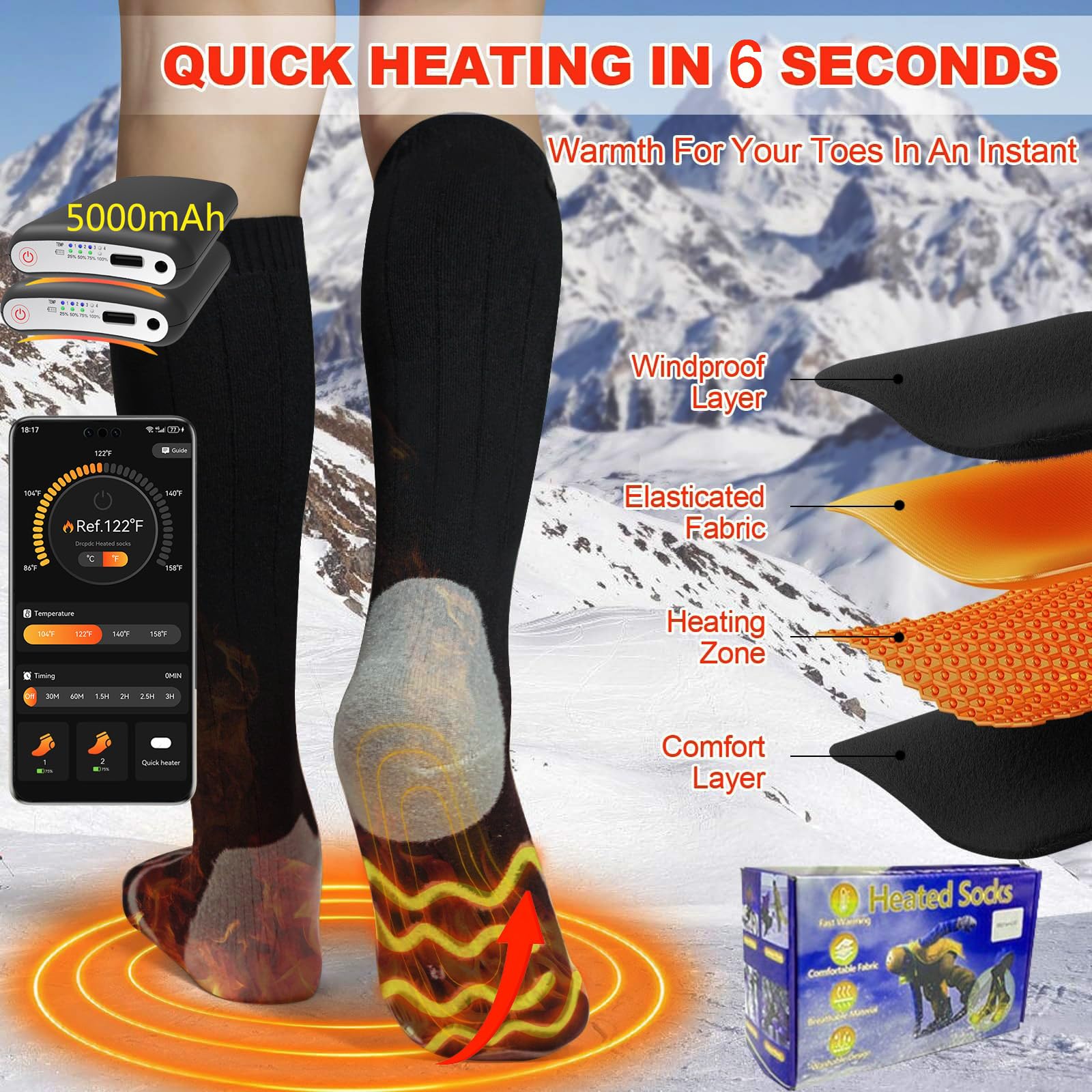 Generic heated socks ergonomic design contours to the leg for comfort