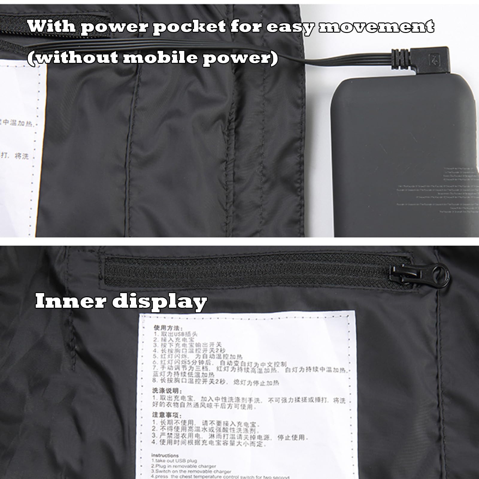 Generic heated vest showing three heating levels for flexible warmth during conditions.
