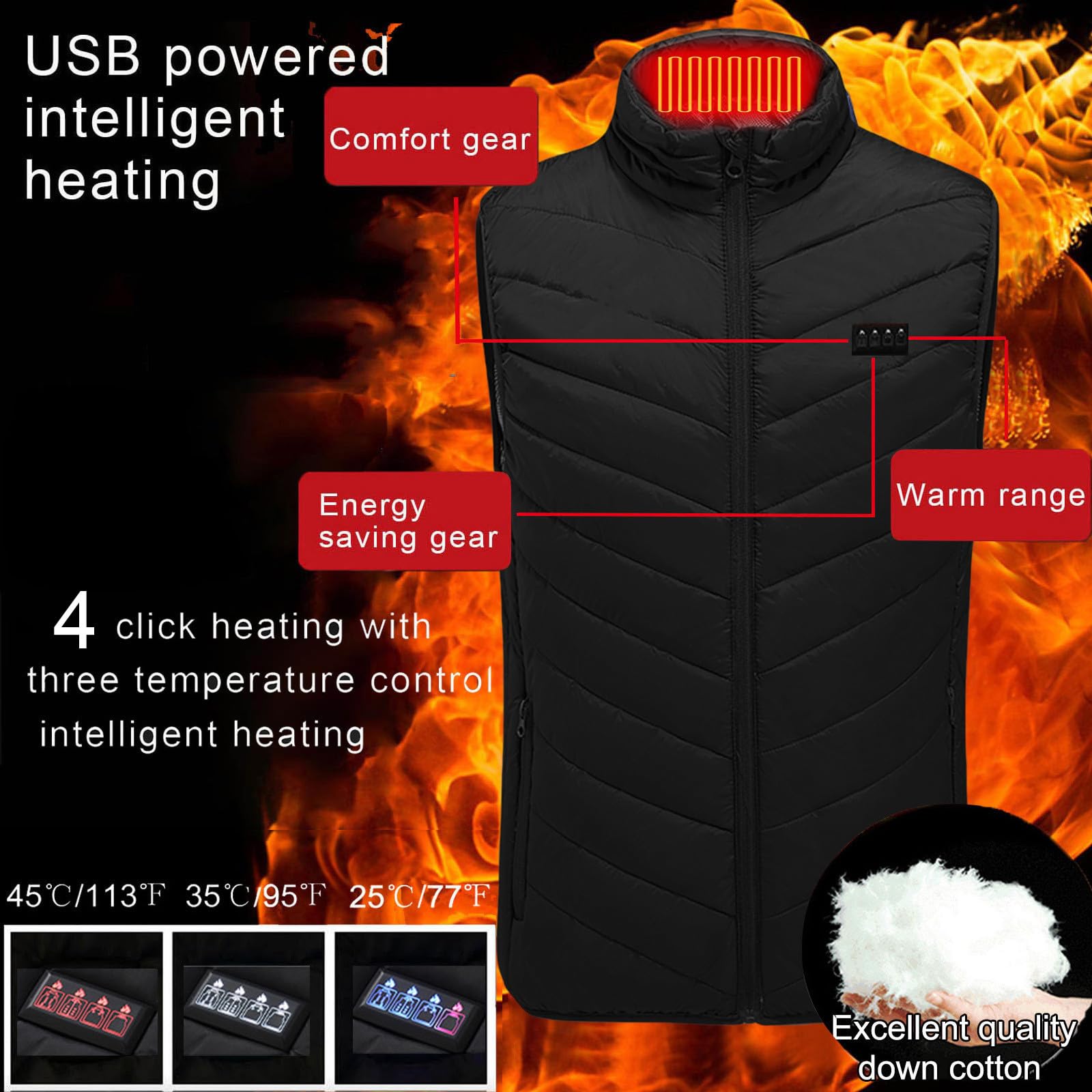 Generic heated vest nylon fabric is washable and durable for easy care.
