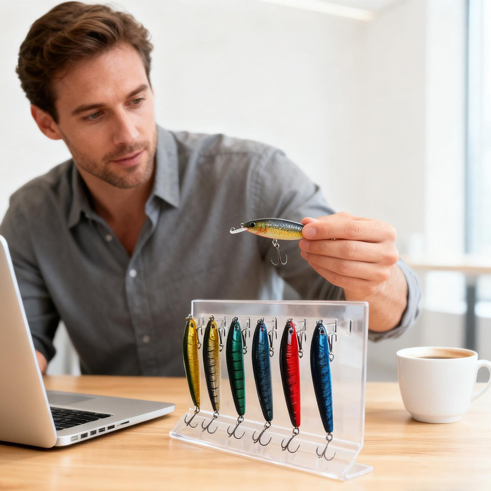 Generic home-friendly lure rack fits shelves and desks for easy lure access.