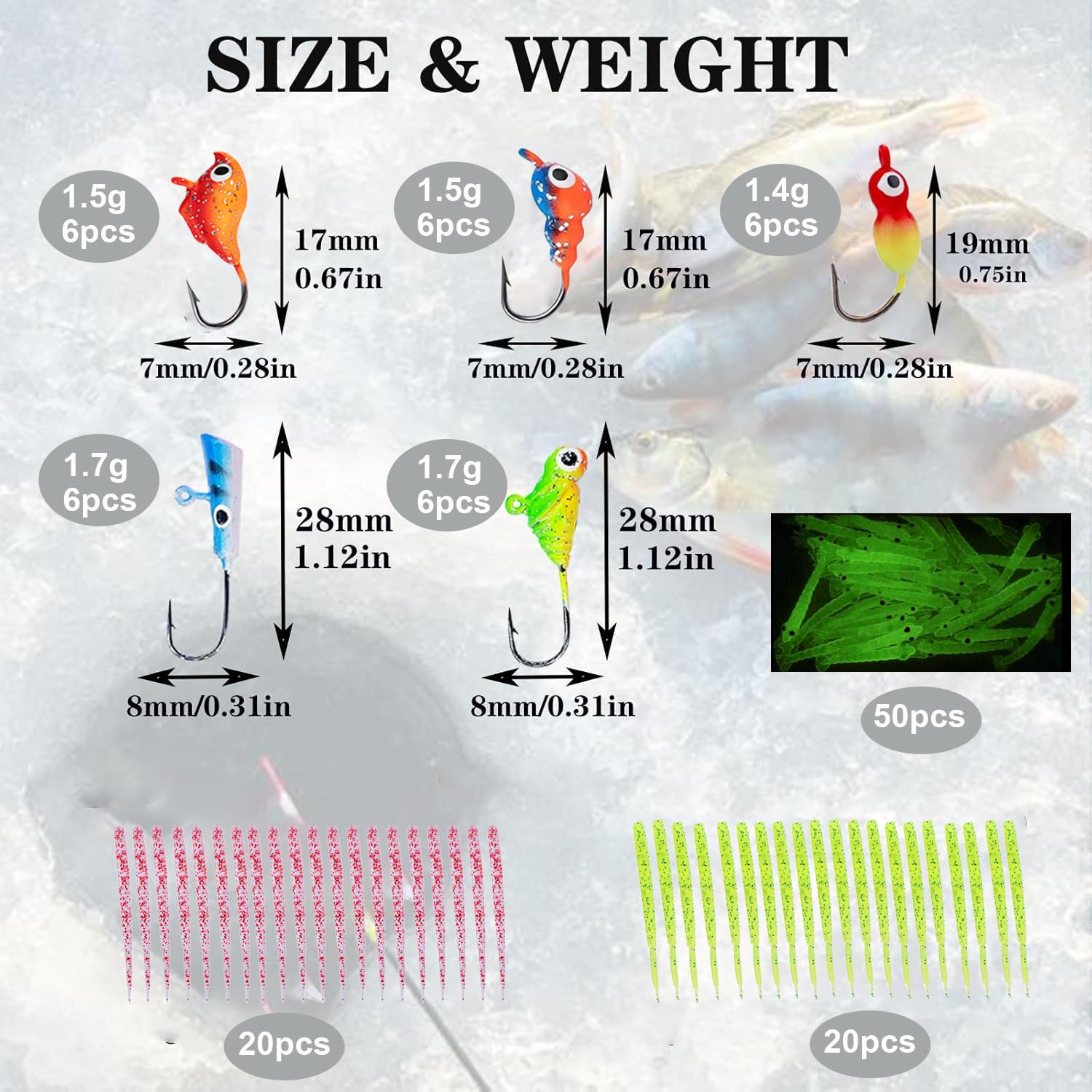 Generic bright jig and lure set for attracting fish across water conditions
