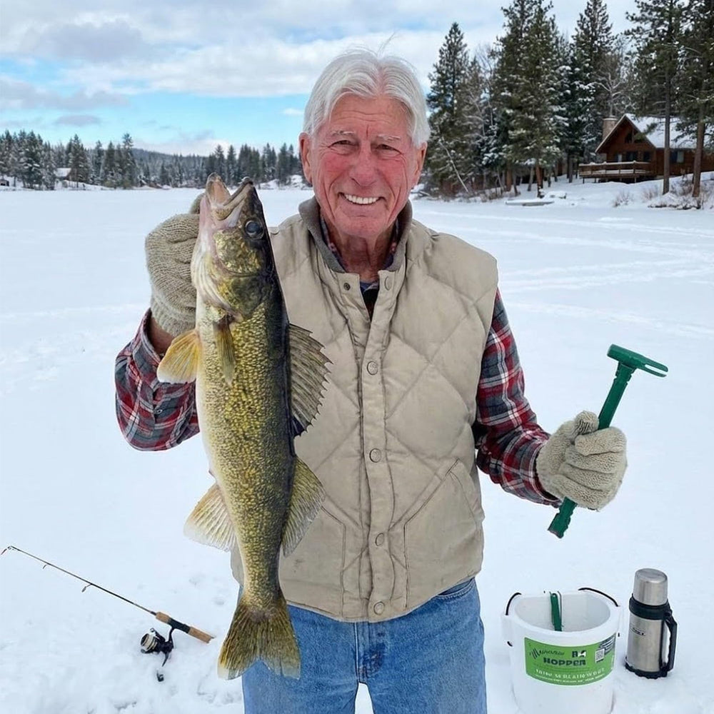 Generic Intelligent Live Bait Catcher ready for ice fishing in cold water.