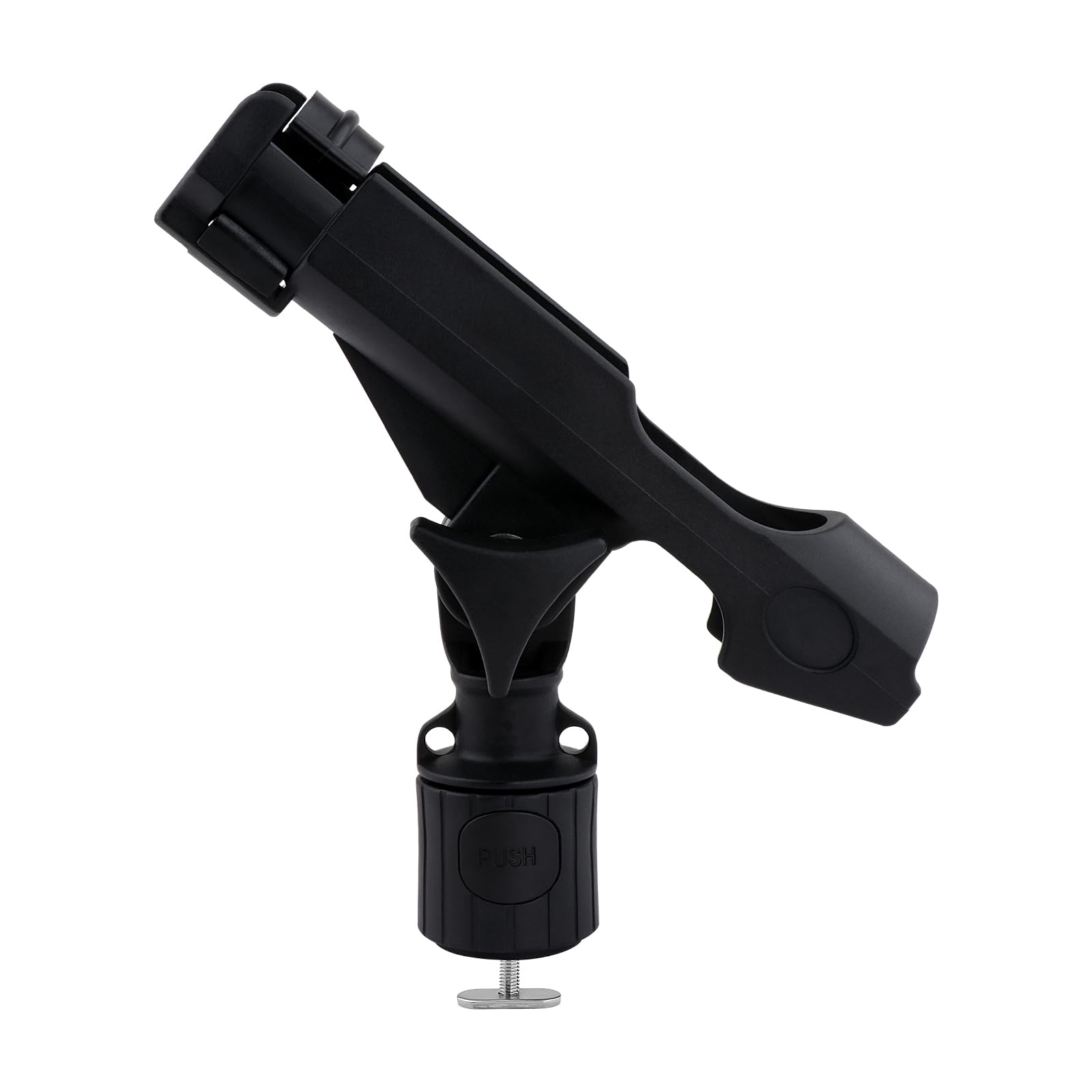 Black kayak fishing rod holder mounted on a boat track