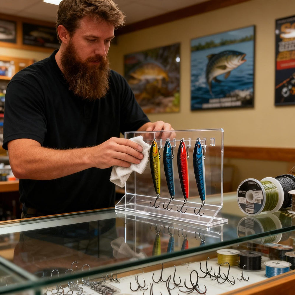 Generic light-up fishing lure display case highlights lures for night visibility and collection.