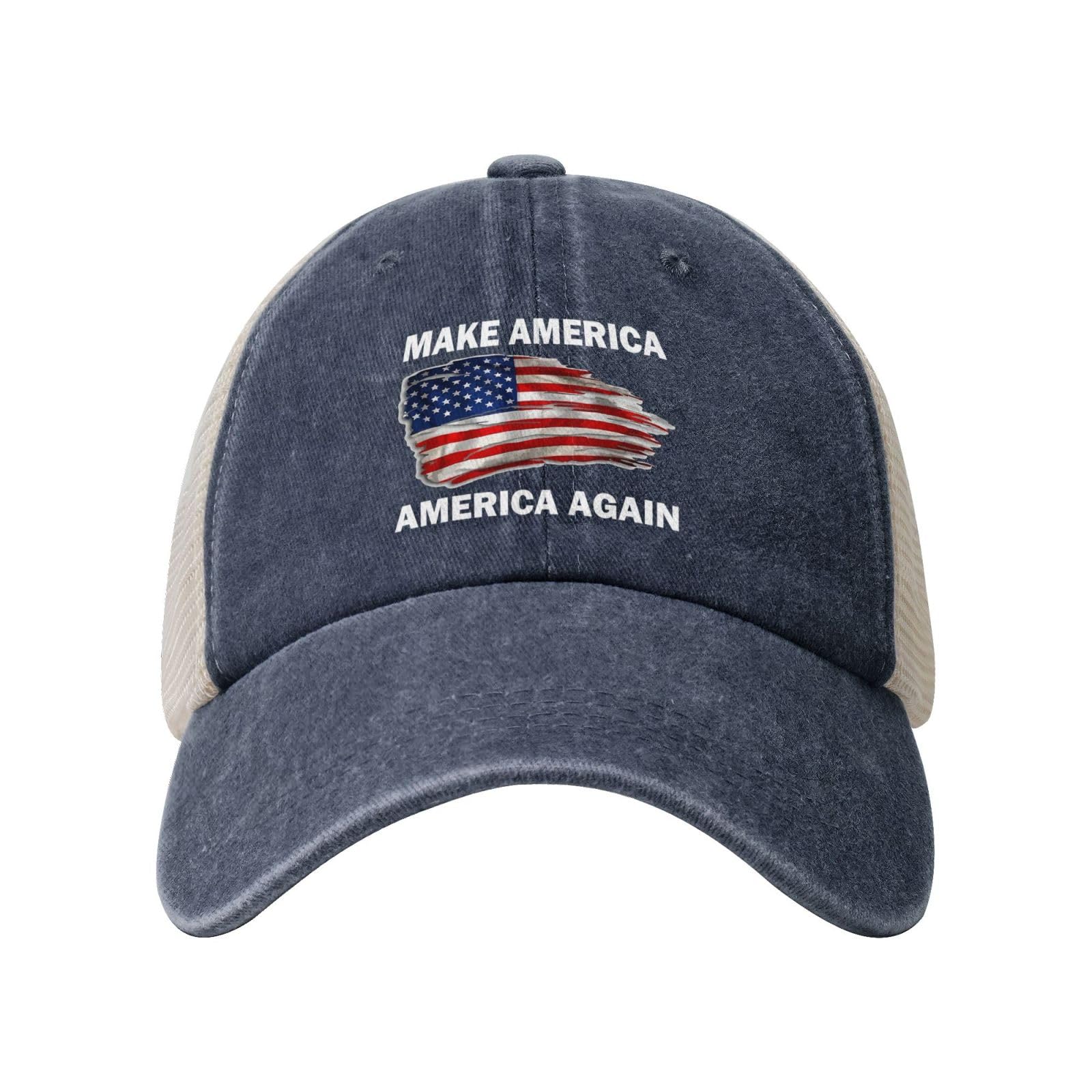 Generic Make America America Again Trucker Hat front view with navy fabric and breathable mesh.