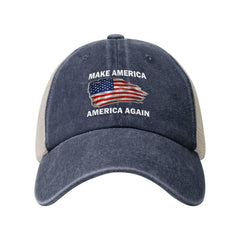 Generic Make America America Again Trucker Hat front view with navy fabric and breathable mesh.
