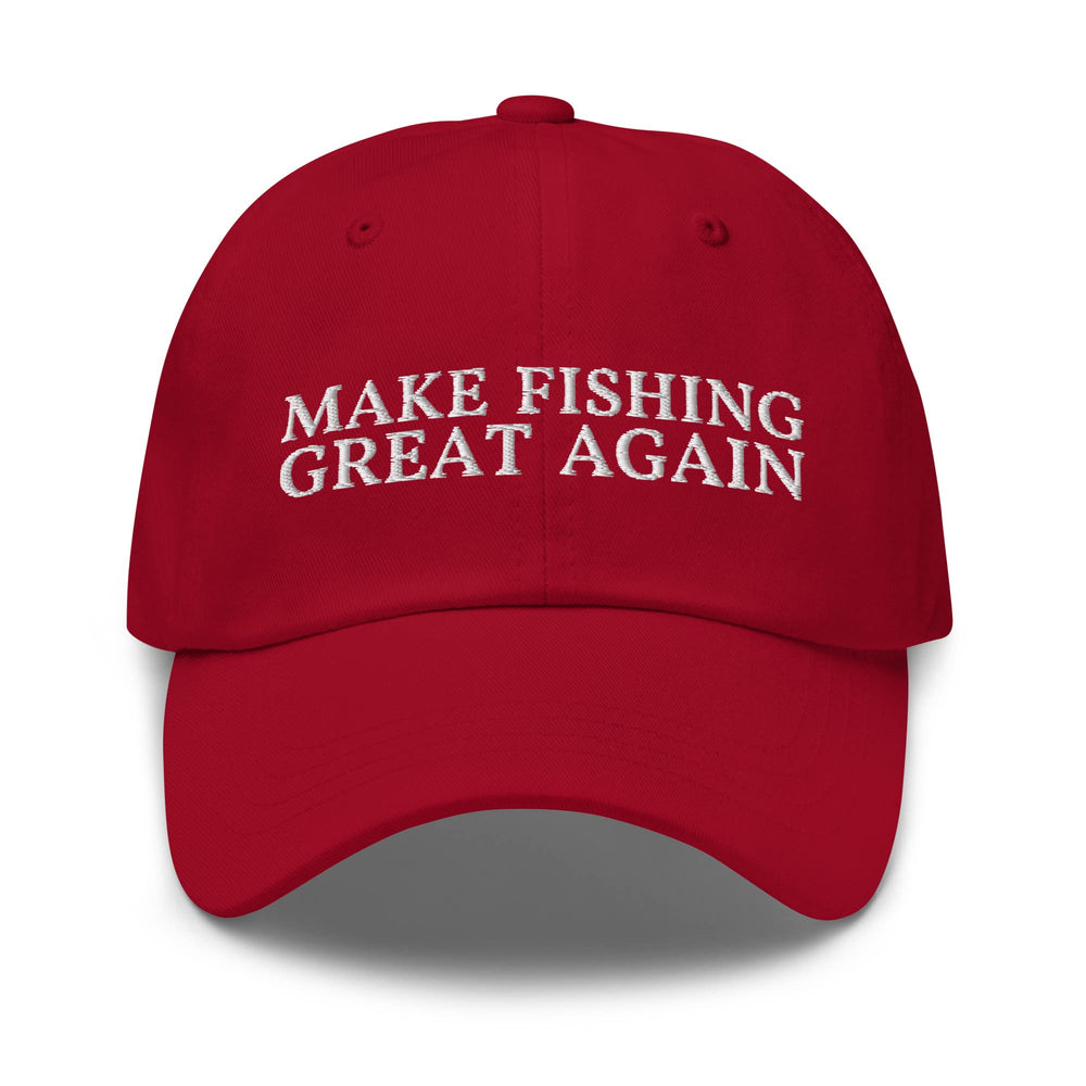 Generic Make Fishing Great Again Dad Hat, cranberry front view, adjustable strap for comfortable fishing days.