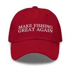 Generic Make Fishing Great Again Dad Hat, cranberry front view, adjustable strap for comfortable fishing days.