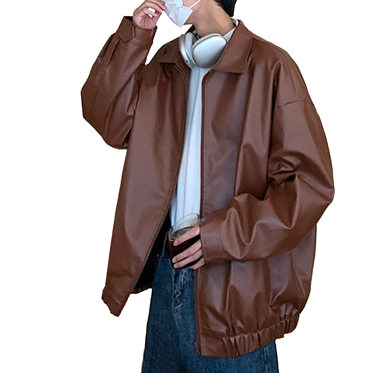 Generic Men Lapel Oversized Leather Jacket front view for casual daily wear