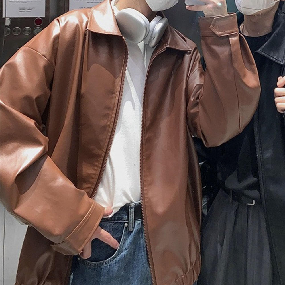 Generic Men Lapel Oversized Leather Jacket texture-closeup rich faux-leather texture