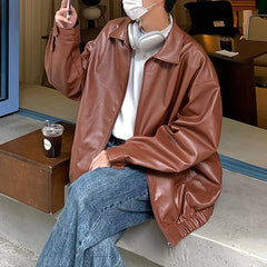Generic Men Lapel Oversized Leather Jacket zipper-detail closeup shows craftsmanship