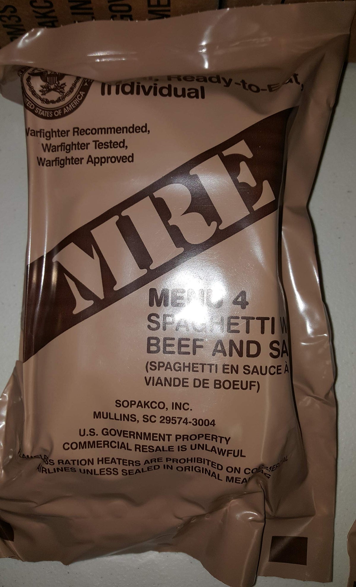 Generic MRE spaghetti beef sauce package for camping or emergency meals