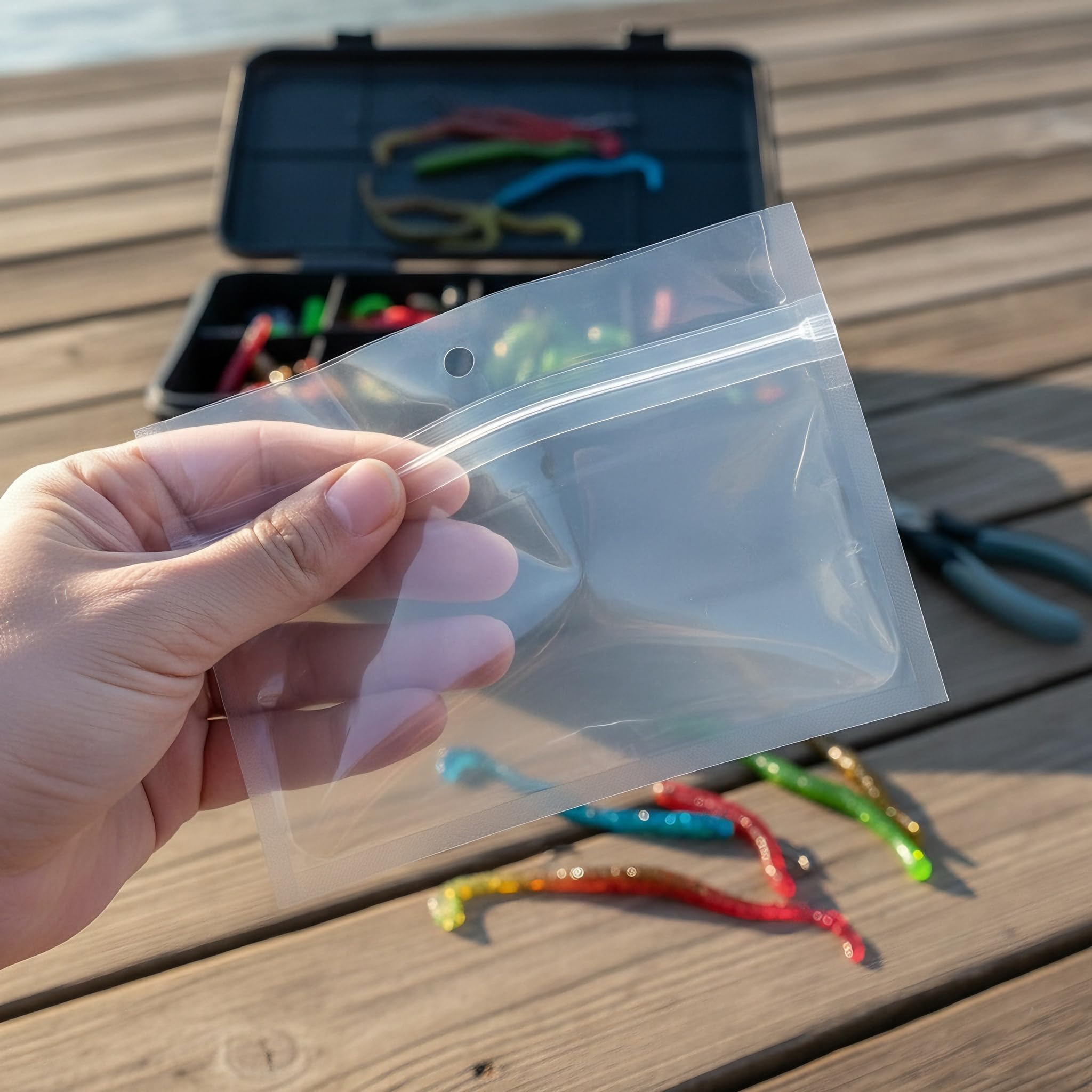 Generic multi-size storage bags help organize tackle by type or color.