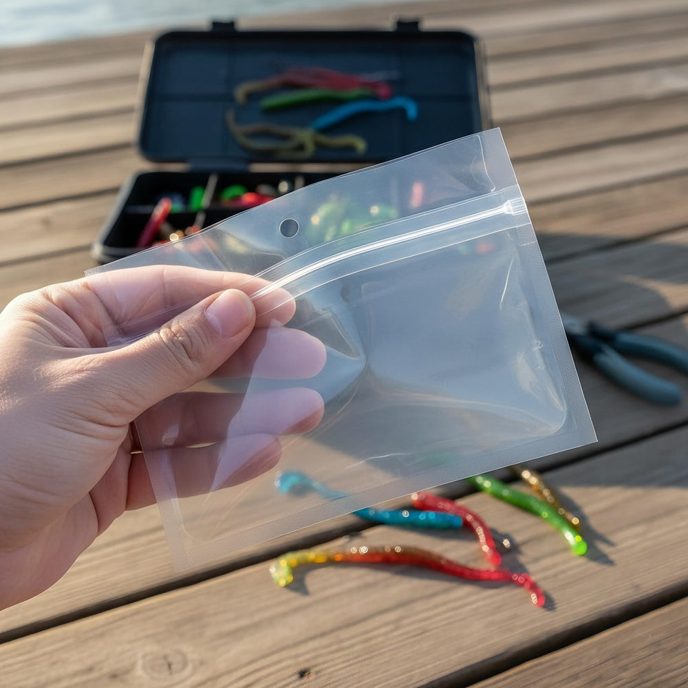 Generic multi-size storage bags help organize tackle by type or color.