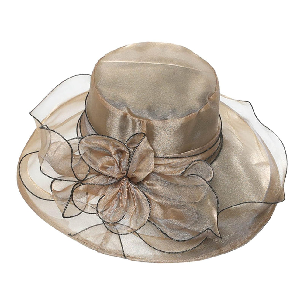 Beige organza Derby hat with fascinator details, ideal for tea parties and bridal showers.