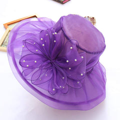 Generic Organza Flower Fascinator Tea Party Hat in purple for elegant occasions.