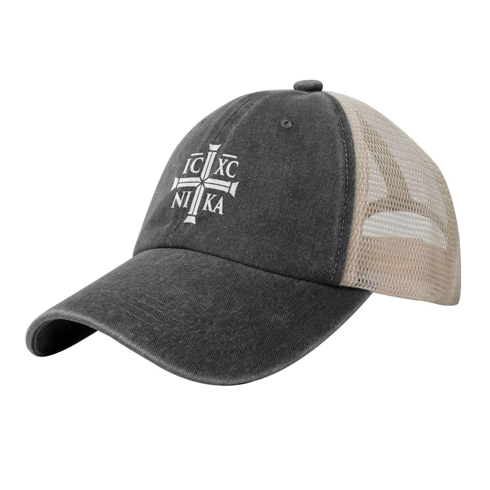 Generic Orthodox Cross Mesh Hat front view highlighting christogram detail for everyday sun protection