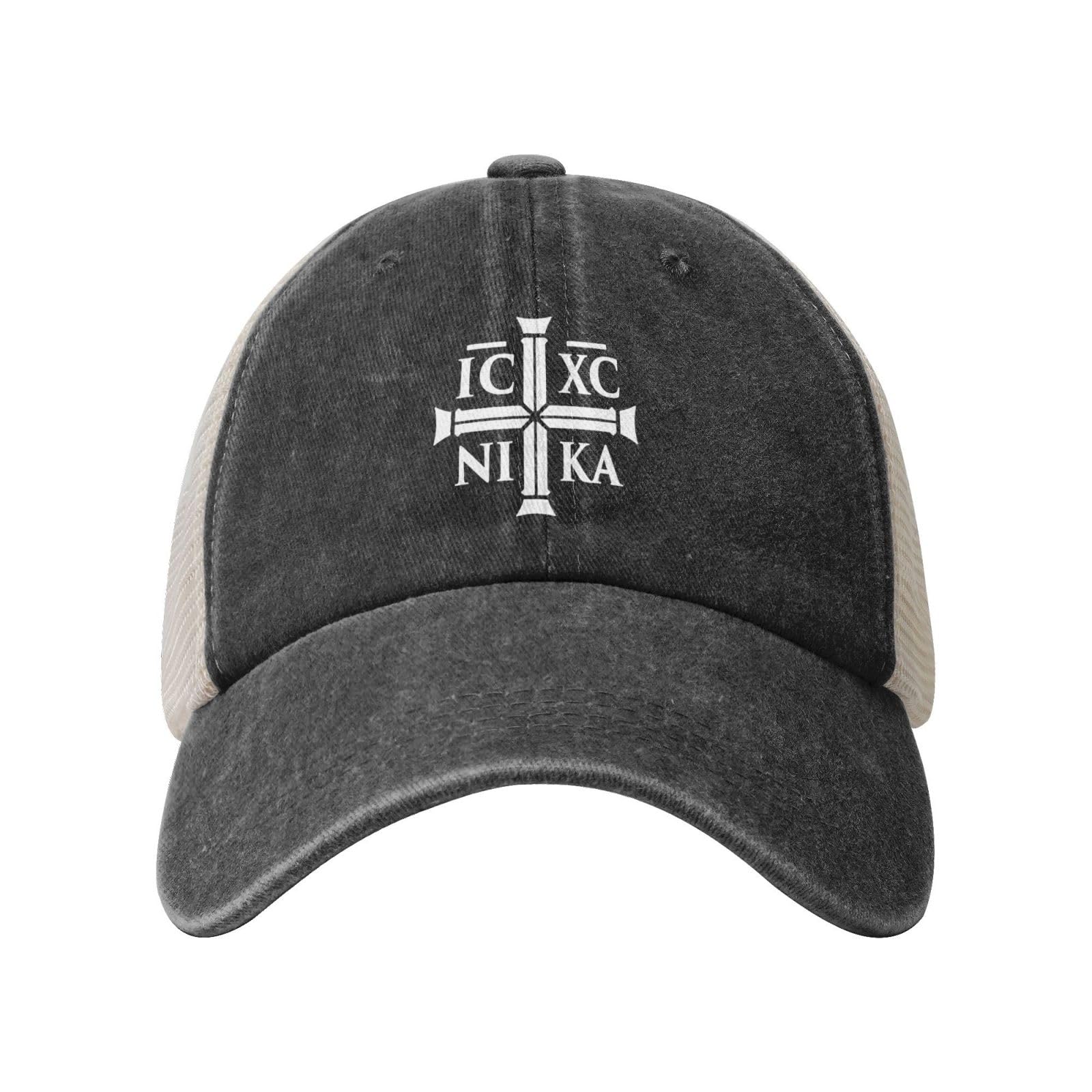 Generic Cross Christogram Mesh Hat side profile showing distressed fabric for casual outdoor style