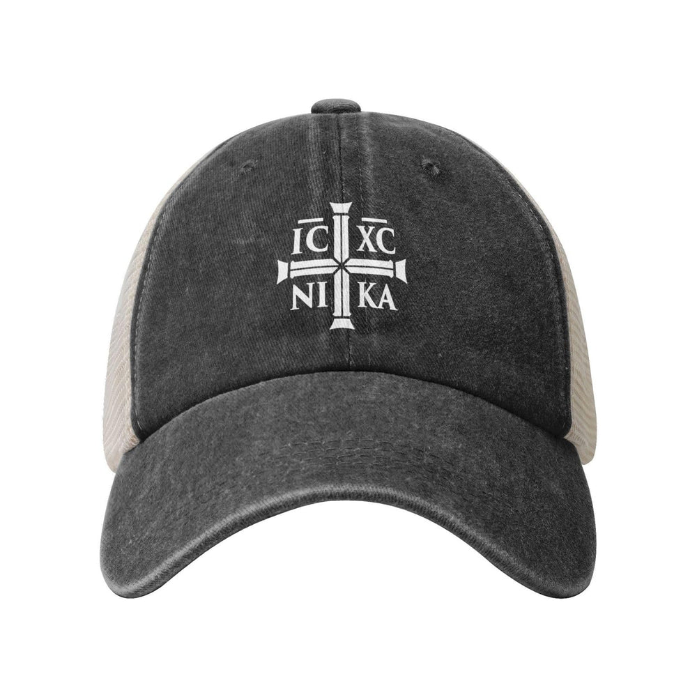 Generic Cross Christogram Mesh Hat side profile showing distressed fabric for casual outdoor style