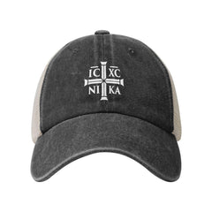 Generic Cross Christogram Mesh Hat side profile showing distressed fabric for casual outdoor style