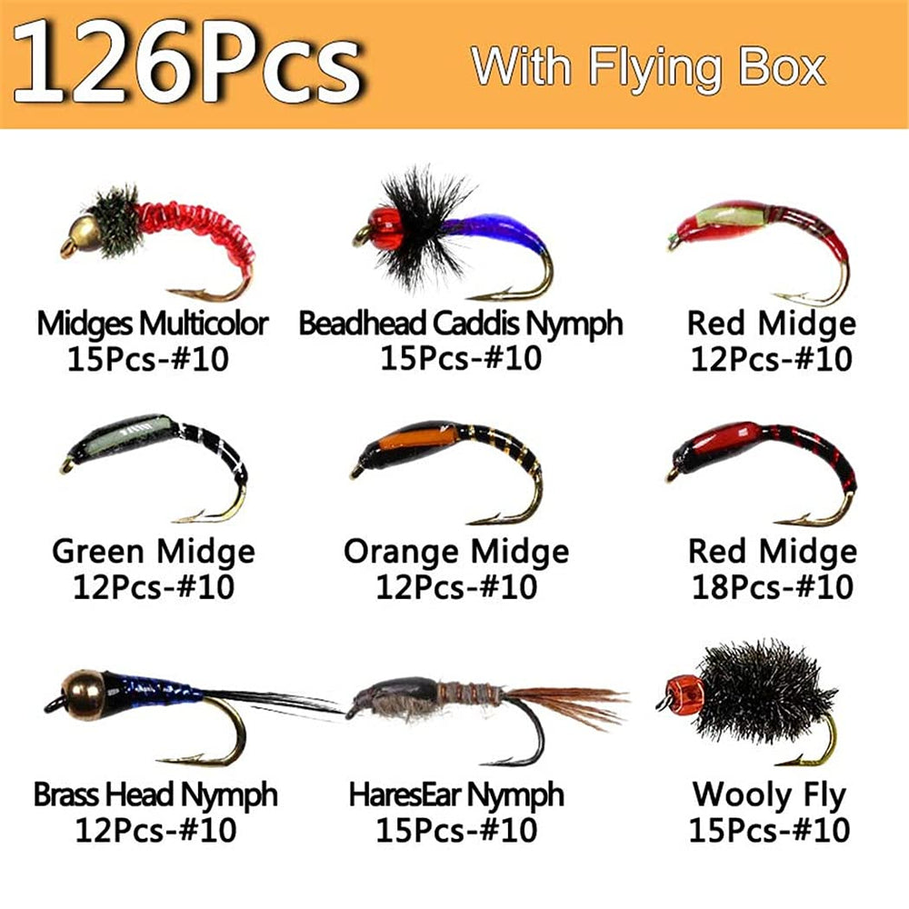 Generic Outdoor Fishing Fly Kit wet flies displayed for deep-water trout and bass angling.
