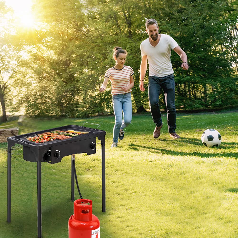Generic outdoor stove at a tailgate setup for camping and parties.