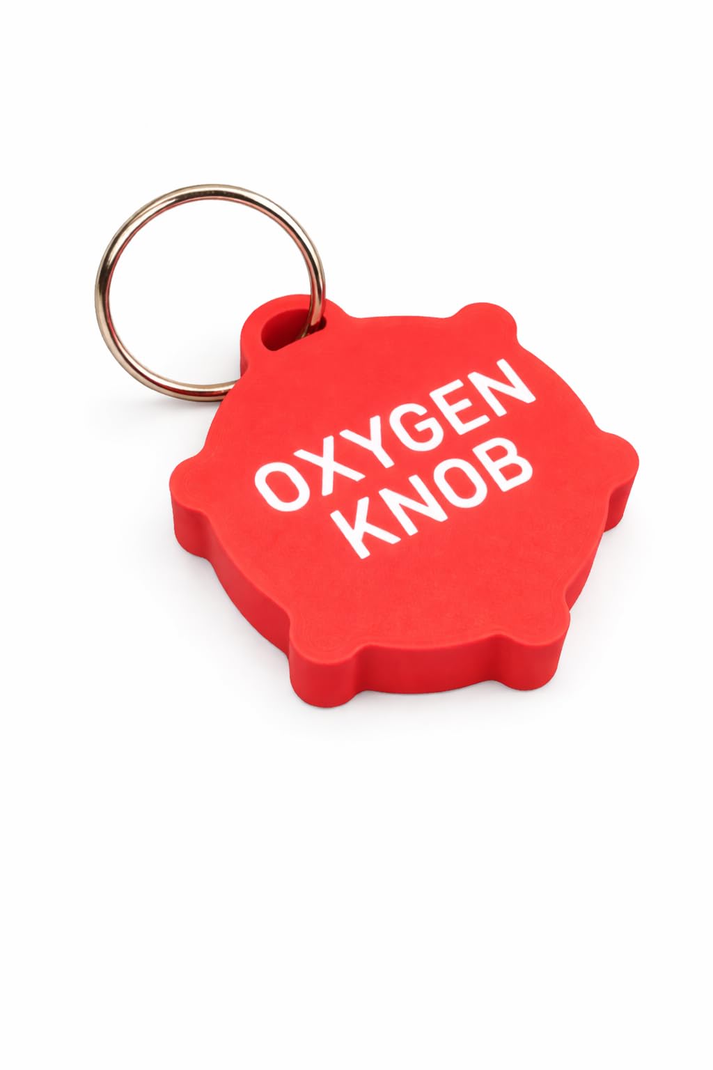 Generic Oxygen Knob red closeup shows portable bottle wrench for on-the-go use