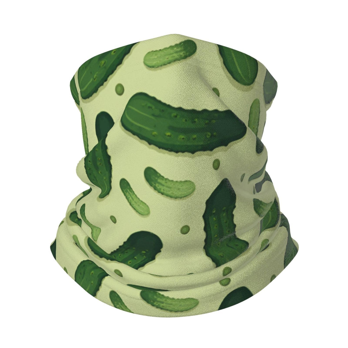 Generic neck warmer front view with pickles pattern and cozy warmth