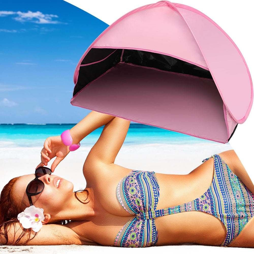 Generic Pop Up Beach Head Tent during setup, quick unfold and leg adjustment